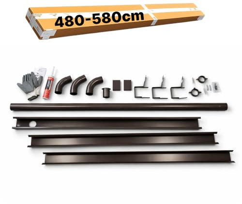 Grondaia Lamiera Allungabile, Pendenza Graduata, 480-580 cm, Marrone | Per casette in legno, tettoie e verande, kit completo con tubo, curve, collari e sostegni, acciaio zincato Made in Italy