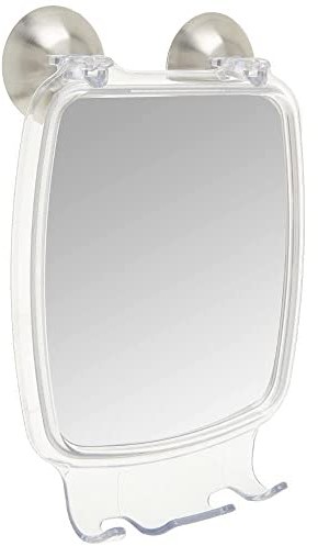 iDesign Forma Rasierspiegel, beschlagfreier Schminkspiegel aus Kunststoff und Edelstahl mit Power Lock-Saugnäpfen, durchsichtig/mattsilberfarben, 1 x Suction Mirror