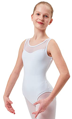 tanzmuster Kinder Ballett Trikot Emilia aus weicher Baumwolle mit Breiten Trägern und Netzeinsatz vorn und hinten in weiß, Größe:128/134