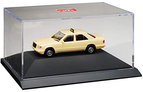 Mercedes-B E-Klasse W124 Limousine Taxi 1984-1997 mit Sockel und Vitrine H0 1/87 Herpa Modell Auto mit individiuellem Wunschkennzeichen