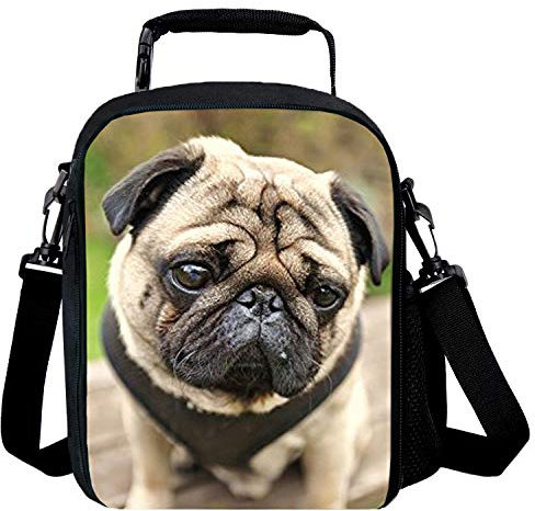 GOXUNYUAN Cute 3D Pug Print Animal Insulated Food Containers Lunch Bags for Kids Children Lunch Containers Reusable Lunch Bags Thermal Lunch Tote with Adjustable Strap and Bottle Holder