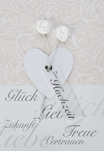 Perleberg - einzigartige Hochzeitskarte mit Herzmotiv und Stoffblume - wunderschöne Karte mit Herz 11,6 x 16,6 cm - Karte zur Hochzeit mit Umschlag in creme - hochwertige & besondere Hochzeitskarten