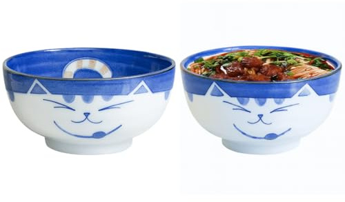 JapanBargain, Bol japonais en porcelaine - Bol à soupe - Bol à ramen fabriqué au Japon - Motif chat souriant Maneki Neko - 12,7 cm (2, bleu)