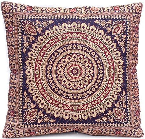 Ruwado Handgewebt und Handgefertigt Indische Banarasi Seide Kissenbezug, Zierkissenbezug, Sofakissenbezug, Dekokissen - Mandala Muster 40 x 40 cm | 16 x 16 Zoll, Dunkelblau
