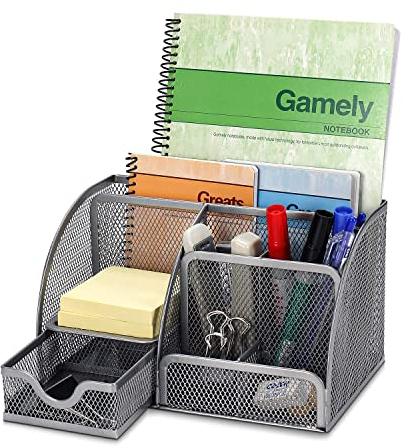 Flexzion Schreibtisch Organizer, Stifthalter, Büro Organizer Studenten Schreibtisch Zubehör aus Metall mit Schublade und 6 Fächern, für Aesthetic Stifte, Hefter, Ordnerklammern, Haftnotizen, Silber