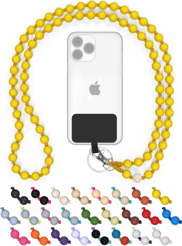 DROPLETSY Holzperlen Handykette universal, handgefertigt, Schlüsselband, Kette, Necklace zum Umhängen - kompatibel mit Allen Smartphones: Apple iPhone, Samsung Galaxy (ohne Hülle, Pineapple)