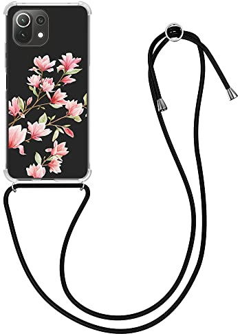 kwmobile Carcasa Compatible con Xiaomi 11 Lite (5G) NE/Mi 11 Lite (5G) Funda con Cuerda - Funda con Correa Colgante - Cordón Ajustable - Bordes elevados - Magnolias