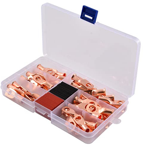 KATUR 80 pz capicorda in rame con set termoretraibile, 40 pz cavo batteria estremità chiuse occhielli in rame nudo connettori terminali ad anello tubolare con 40 pz guaina termorestringente