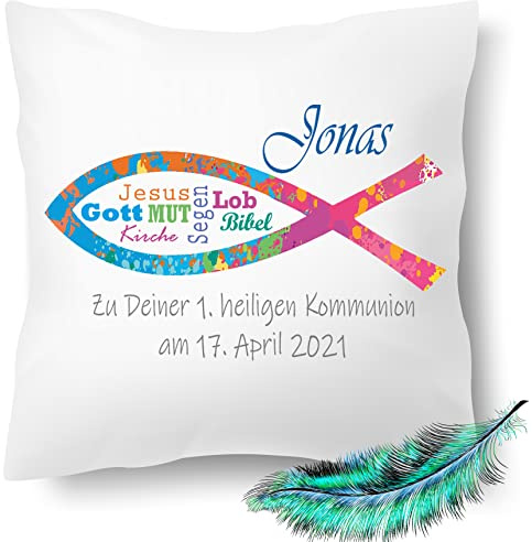 Print Deluxe Kommunion Geschenk, bedrucktes Kissen personalisiert mit Namen und Datum | Kirchliches Fisch Symbole |Geschenk Idee,Dekokissen | Kuschelkissen 40X40 Bedruckt (ohne Kissenfüllung, Bunt)