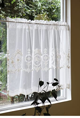Devola scheibengardine Landhaus gardinen kurz bistrogardine transparent weiß küchengardinen modern mit Stangendurchzug fenstergardinen mit Blumenmuster Stickerei kurzstore BxH 120x70cm 1er Pack