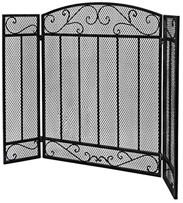 Funkenschutz, 3-teilig, schmiedeeiserner Kaminschutz, Metallgitter für den Außenbereich, babysicherer, feuerfester Zaun, Funkenschutzabdeckung für Kaminplatten, schwarz, 31 H 44 W