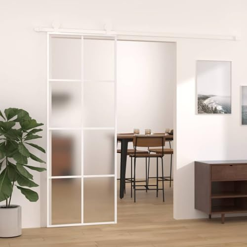 HOMIUSE Puerta corredera de vidrio templado mate y aluminio, 76 x 205 cm, color blanco, puertas correderas de cristal, puertas correderas interiores, diseño mate, protección de privacidad elegante y