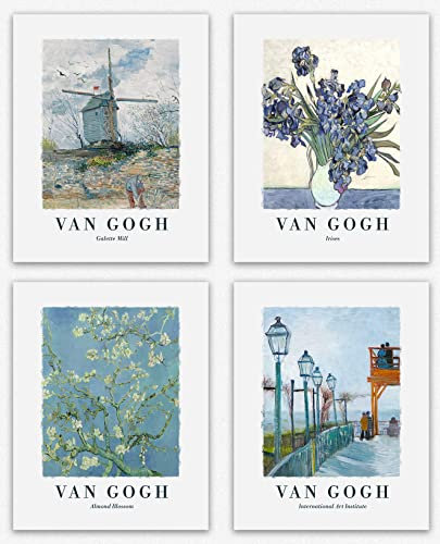 Van Gogh wohnzimmer deko modern - Famous Wanddeko Set 4 Blue Paintings Van Gogh Blossom, Flower, Windmill Van Gogh Poster Gift Set of Vincent Van Gogh / Home Decor Gifts deko aesthetic (28cm x 36cm)