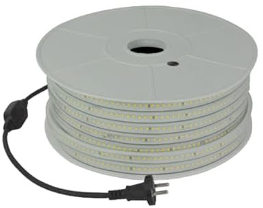 SICOM Ruban Led simple rang de longueur 50 mètres IP65 8W/ml 230V avec alimentation. 3000K blanc chaud / 6500K blanc froid. Eclairage chantier. (3000K Blanc chaud)