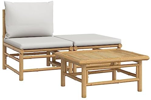 vidaXL Salon de Jardin 3 pcs avec Coussins Gris Clair Bambou, Ensemble de Salon, Ensemble de Salon extérieur, Ensemble de mobilier d'extérieur