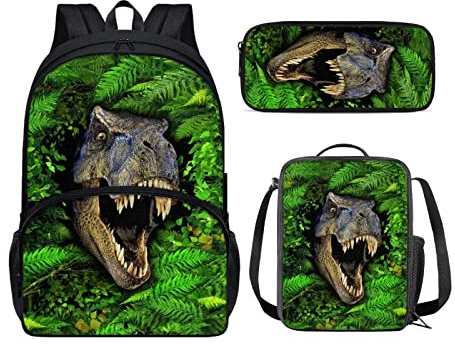 chaqlin Juego de 3 mochilas escolares para niñas y niños, juego de bolsas escolares grandes con estuche para lápices y lonchera, Dinosaurio animal., Taille unique