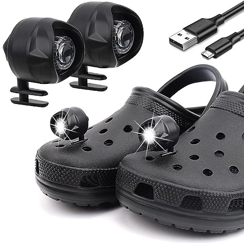 Septpenta 2Er Pack Scheinwerfer für Crocs, USB Aufladung, Nacht, Wandern, Radfahren, Laufen, Gehen, Tragbare Croc Lichter für Schuhe, Interessante Gadgets, Geeignet für Erwachsene und Kinder(Schwarz)