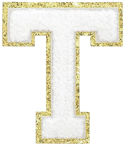 GYGYL 3PCS Chenille Varsity Glitters Letters Patch, Iron on Large Size Letter Patches for Team Costume Decoration, Height 4-1/2In, Letter T