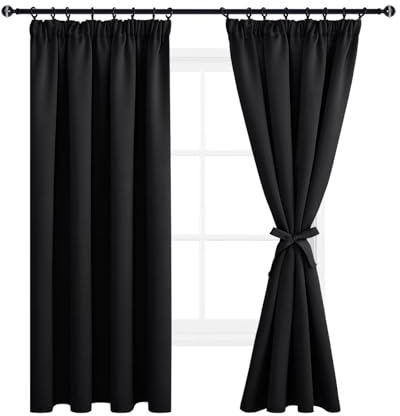 DWCN Vorhang Blickdicht Verdunkelungsgardinen mit Kräuselband, 2er Set H 175 x B 140 cm Vorhänge Wohnzimmer mit Vorhang-Krawatten, Wärmeisolierende Vorhänge Thermovorhang Kälteschutz,Schwarz