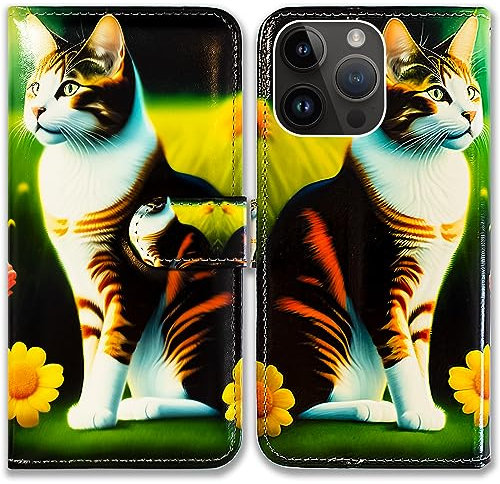 Bcov iPhone 15 Pro Case,Cute White Orange Cat Leather Flip Phone Case Wallet Cover with Card Slot Holder Kickstand for iPhone 15 Pro