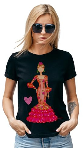 Camiseta Entallada de Manga Corta para Mujer, con Traje de Flamenca Mónica, Camiseta Negra - Talla M - Monica