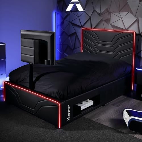 X-Rocker Oracle RGB TV Gaming Bed with Rotating TV Mount and Neo Fibre LED Lighting, Storage and Cable Management, Single 3ft Low Sleeper Bedstead, Faux Leather Upholstery, for Kids, 40 TV - Black