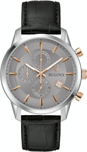 Bulova Sutton Chronograph Uhr für Herren in der Farbe Schwarz mit Armband aus Leder, Wasserdichtigkeit: 3 bar, Gehäusedurchmesser: 41 mm, 98B409