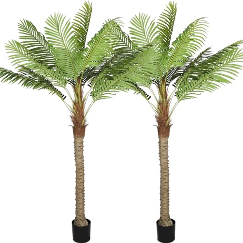 Riceshoot 2 Set Artificial Palm Trees for Outdoors Faux Tropical Coconut Palm Trees Fake Plants in Pot for Outside Indoor Patio Pools Home Garden Office Porch Decor(8 ft)