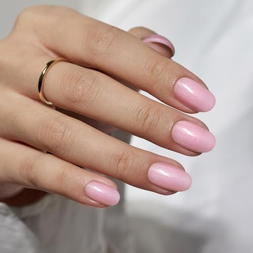 BTArtbox Stick on Nails Short - Pastel Pink Press on Nails Short Oval Soft Gel False Nail with Glue, Fit Perfectly, Reusable Glue On Nails in 16 Sizes, Lovely Pink