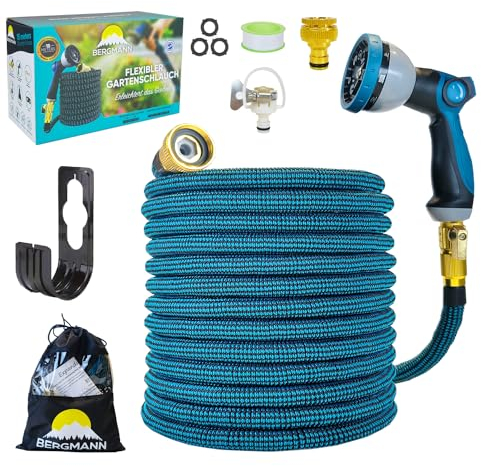Bergmann® Premium Gartenschlauch Flexible - Flexibler Schlauch mit 10 Funktion Spritze Flexschlauch mit Wandhalterung 3/4 1/2 Zoll Anschluss 3-Fach Latexkern (Blau-15m)