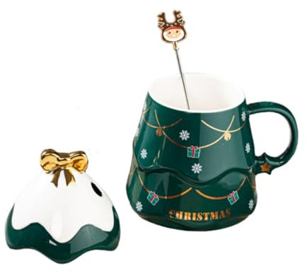 Ciieeo Keramik Weihnachtsbecher Mit Deckel Und Löffel Kreativer Weihnachtsbaum Wasserbecher Mehrzweck Tasse Für Tee Kaffee Milch Festliche Trinkbecher Für Weihnachten