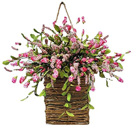 Wildflowers Door Hanging Basket Wreath Spring Wreaths for Front Door Hydrangea Door Hanger Basket Wreath Artificial Spring and Summer Wreath Welcome Sign, Home Porch Farmhouse Decor(pink)