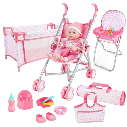 deAO Puppen Set, Babypuppe Rollenspielset Baby Puppe Zubehör Set mit 12” Puppe, Puppenkleidung, Reisebett, Puppen Wickeltasche, Puppenwagen, Hochstuhl, Reisetasche, Babypuppe Fütterungsspielzeug Set