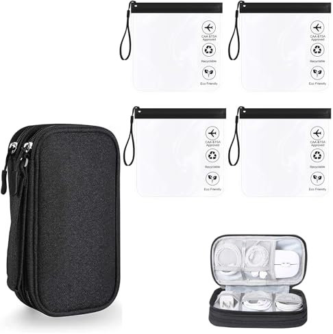 YanBous Lot de 4 Trousse de Toilette Sécurité Aéroport - Sacs à Liquides Anti-fuite 20x20cm, avec Organisateur de Câbles Universel, Trousses de Toilette Transparentes et Imperméables Idéales