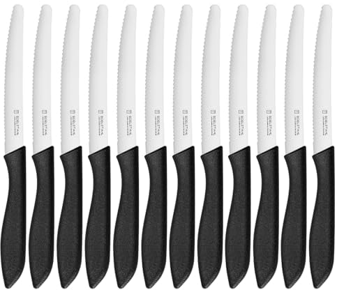 targzier Frühstücksmesser 12-teilig,Brötchenmesser mit Wellenschliff, Brotzeitmesser,Tomatenmesser,Buttermesser,Scharfes tafelmesser wellenschliff,Spezialklingenstahl,Spülmaschinenfest,schwarz