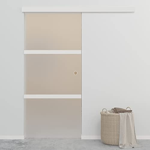 LAPOOH Schiebetür ESG-Glas und Aluminium 90x205 cm Silbern - 1 x Aluminiumschiene,3 x Mattglas,1 x Abdeckleiste,1 x Bodenführung,2 x Türstopper,1 x Türknopf,2 x Bausatz,2 x Schienenverbinder