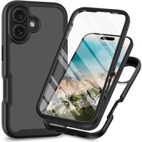 Lvnarery For iPhone 16 Case with Built-in Screen Protector Military Grade Shockproof Clear Cover 360° Full Body Protective Rugged Bumper Phone Case for iPhone 16 Black