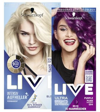 Schwarzkopf LIVE Ultra Brights Semi-Permanente Haarfarbe 094 Purple Punk (142 ml) intensive oder pastellige Farben & LIVE Aufheller Max Blonde 00B (142 ml) Blondierung ohne Gelbstich