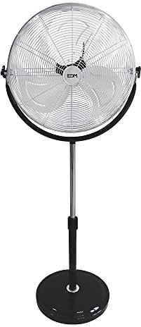 Ventilador industrial de pie con base circular en elegante cromado/negro. Potente motor de 120W y aspas de 50 cm. Altura ajustable de 118 a 148 cm, ideal para grandes espacios.