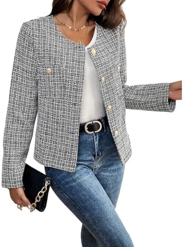 AUKLETBLIEF Veste blazer en tweed pour femme – Manches longues, grand col rond, manteau business décontracté, chic et confortable pour toutes les occasions