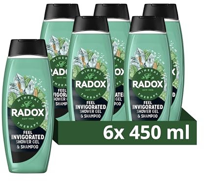 Radox Mineral Therapy Feel Invigorated 2-in-1 Shower Gel & Shampoo Men's Body Wash with sea salt, cedarwood & mint scent for a refreshing experience 6x 450 ml