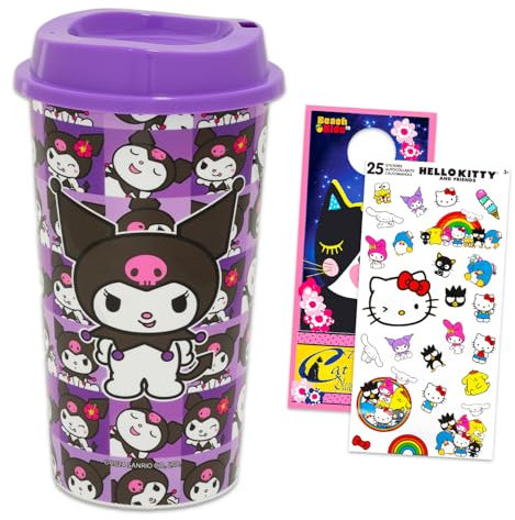 Kuromi - Juego de vasos para niños, paquete con taza Kuromi de 20 onzas con tapa y calcomanías, más | Taza de viaje de café Kuromi para niñas, adolescentes y adultos