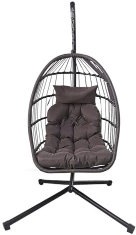 Egg Chair Garden Swing Seat Rattan Foldable Hanging Hammock with Cushions Stand UV Resistant Outdoor Indoor Furniture (Dark Grey)