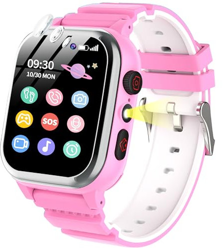 POKUJNFY Montre Connectée Enfant 26 Jeux Podomètre Téléphone SOS Caméra HD Vidéo Lecteur MP3 Réveil Calories Digitale Smart Watch Montre Enfant Garcon Garçon Fille 3 4 5 6 7 8 9 10 Ans (Rose)