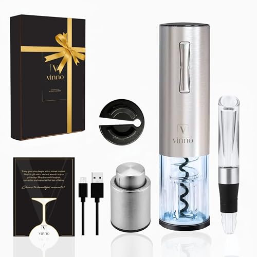 Vinno Electric Wine Opener Gift Set, Rechargeable Bottle Opener with Foil Cutter, Aerator, Vacuum Stopper, USB Cable, Ideal for Wine Lovers, Housewarming, Father’s Day
