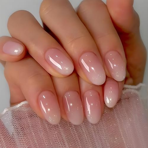 24PCS Short Almond Press On Nails – Gradient French Tip Fake Nails with Glue, Elegant Stick-On Set for Women, ABS Material for Daily Wear