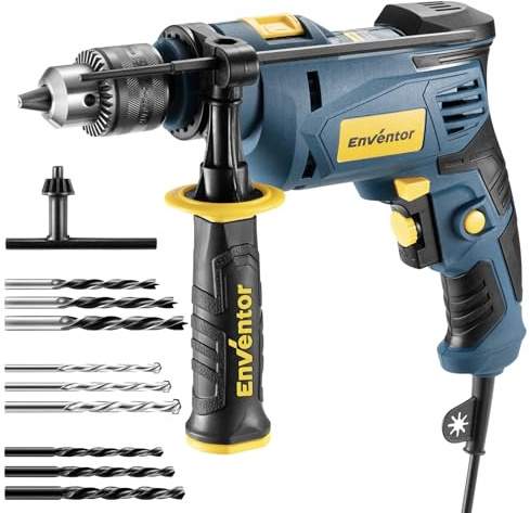 Enventor Perceuse à Percussion Filaire 750W, Perceuse électrique avec 9 Forets, Fonction 2 en 1, variateur de vitesse électronique, poignée pivotante à 360°, pour Béton, Métal et Bois