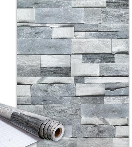 Qenlup Brick Wallpaper Vintage Self Adhesive Wall Paper 44.5x300cm Stick On Contact Papers for Living Room Bathroom Bedroom Kitchen, Dark Grey