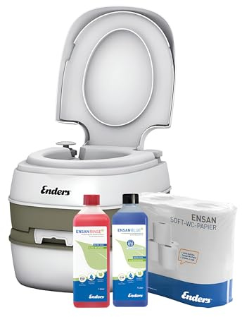 Enders Campingtoilette Comfort small+ Set, kompakt & leicht, effektive Kolbenpumpe, inkl. 1L Blue+ + Rinse+ + 4 Rol. WC-Papier, biologisch abbaubar, Camping WC, Chemietoilette & Mobile Toilette weiß