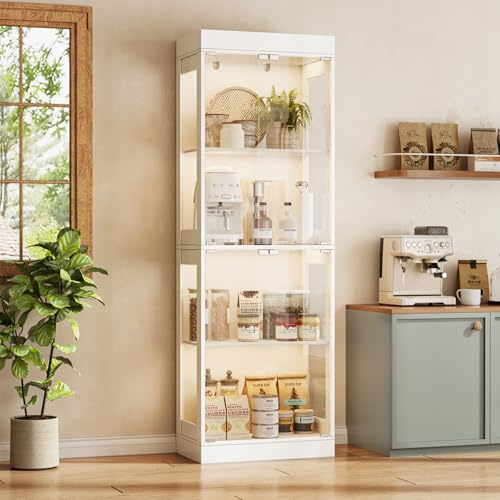SVEYLXA Vitrine de collection - 178 cm - Avec éclairage LED et portes en verre - 4 couches - Étanche à la poussière - Design sans poignée - Pour salon, chambre à coucher, bureau - Blanc